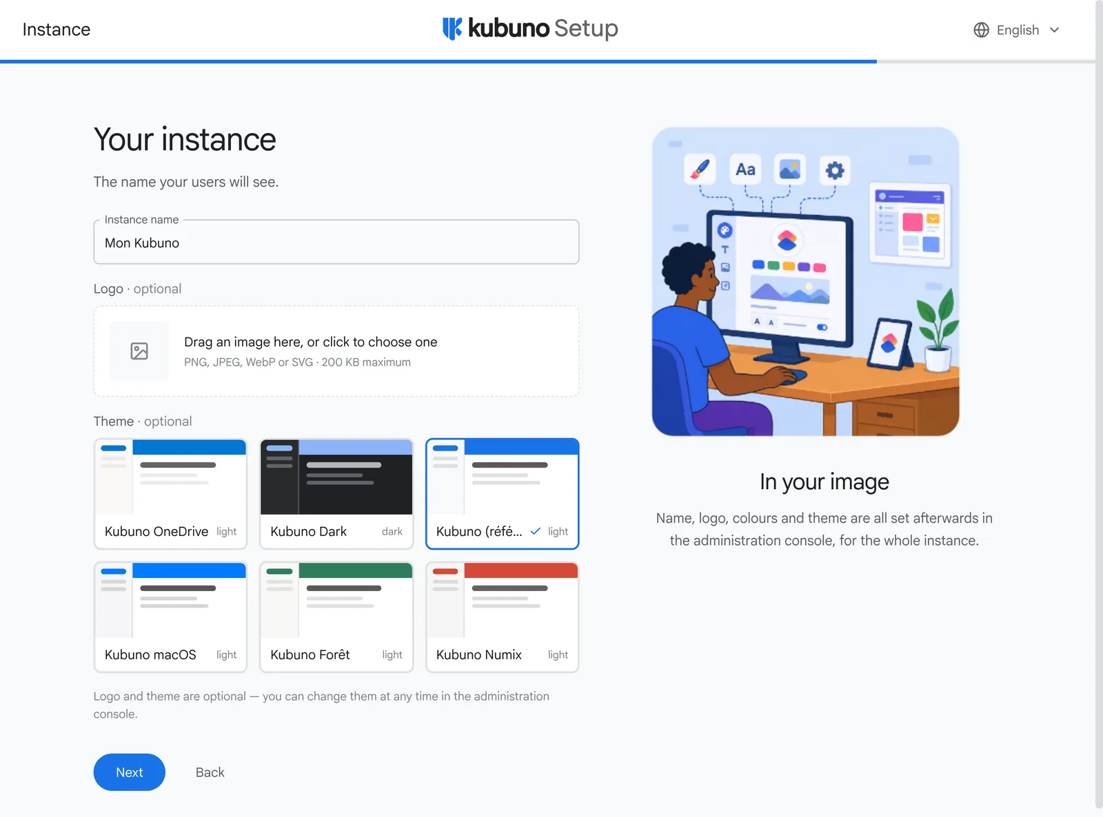 Personalisation screen: instance name, logo drop zone and a choice among the six shipped themes