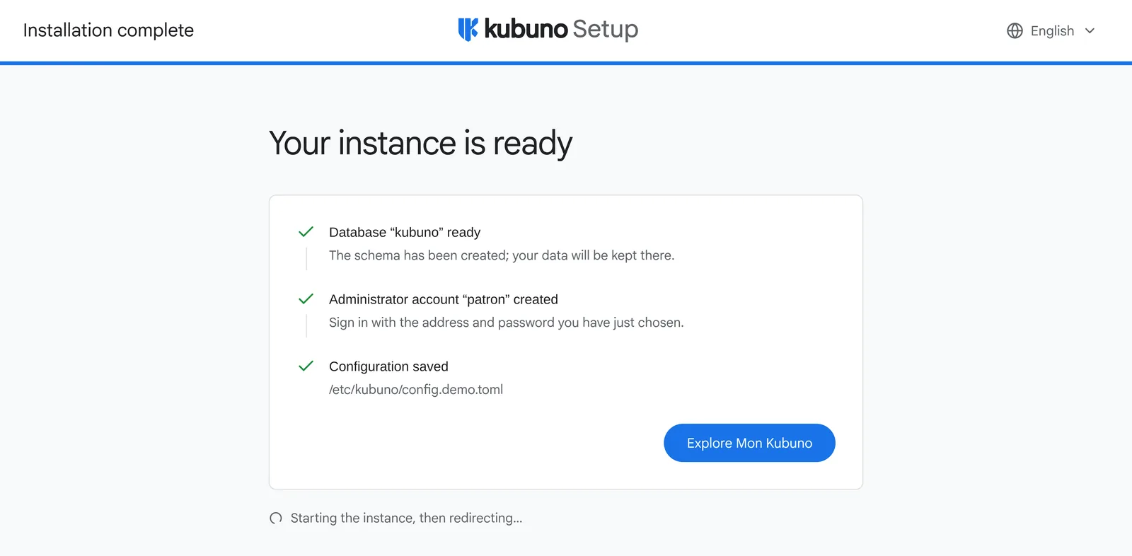 Final screen: database ready, administrator account created, configuration saved